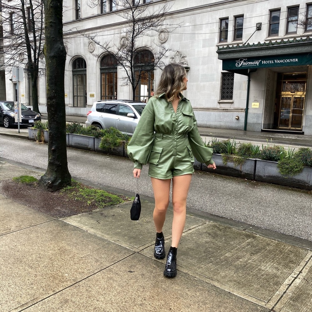Pretty Little Thing green PU romper